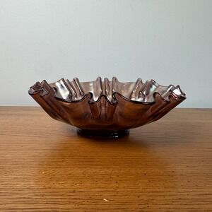 Vintage Early Fenton Amethyst Purple Iridescent Hobnail Glass Ruffled Bowl